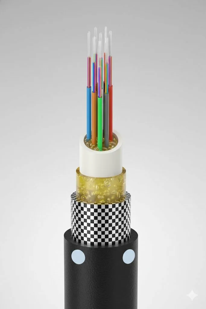 Optical Fibre Cable Exploded View - Armoured OFC Structure with Buffer Tubes